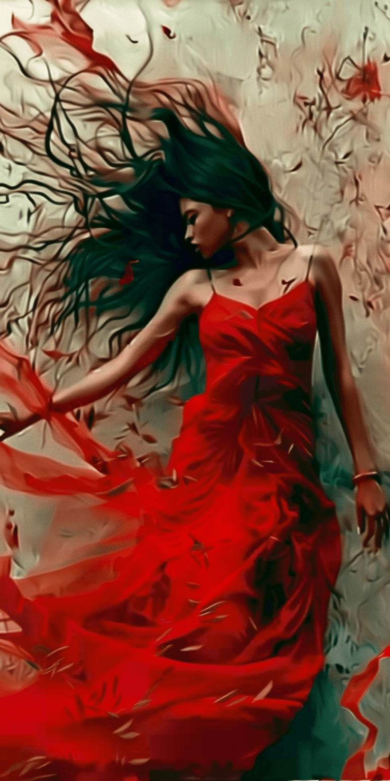 AI generated: a fantasy girl in a red dress, in the style of dark and intricate, heavy use of palette knives, blac...
