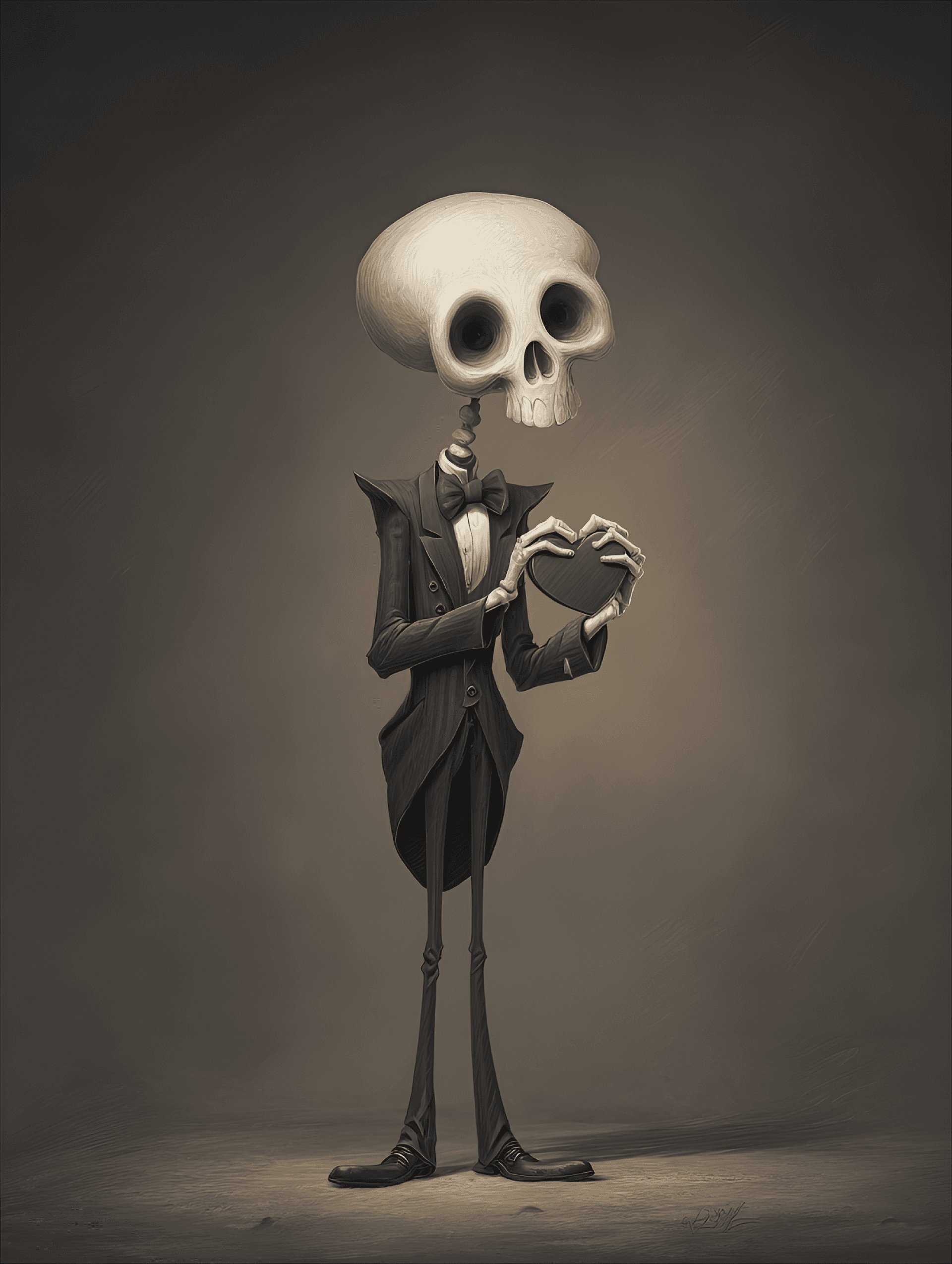 AI generated: funny caricature, skeletal gentleman character caricature, none specified, ageless, oversized skull,...