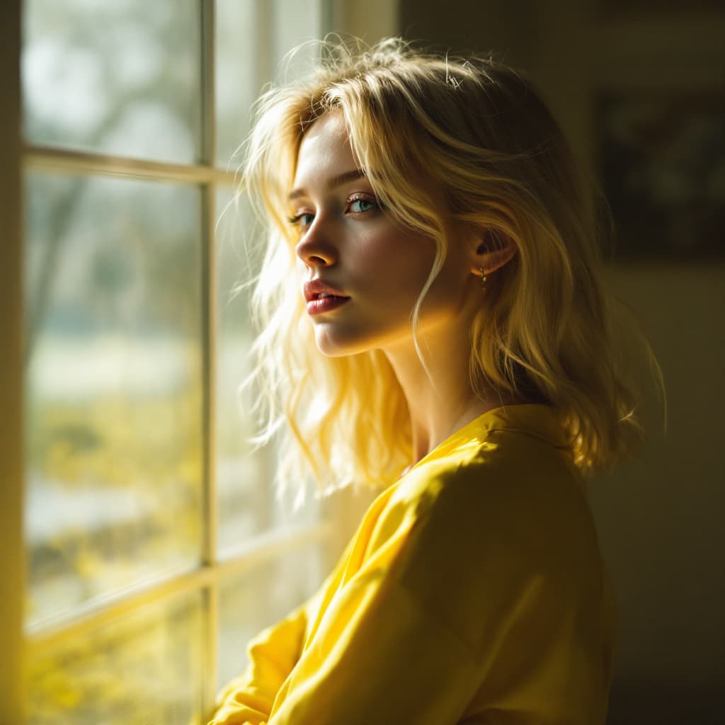 AI generated: blond girl in a yellow shirt is posing, soft, atmospheric lighting --chaos 33 --ar 1:2 --profile yru...