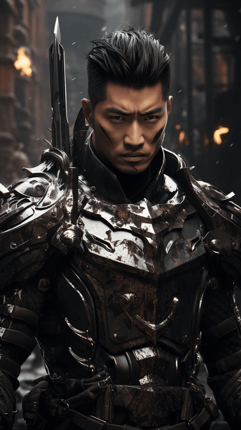 AI generated: ((masterpiece, best quality, detailed)), outdoor arena, wind_lift, simu liu as a cyberpunk gladiator...