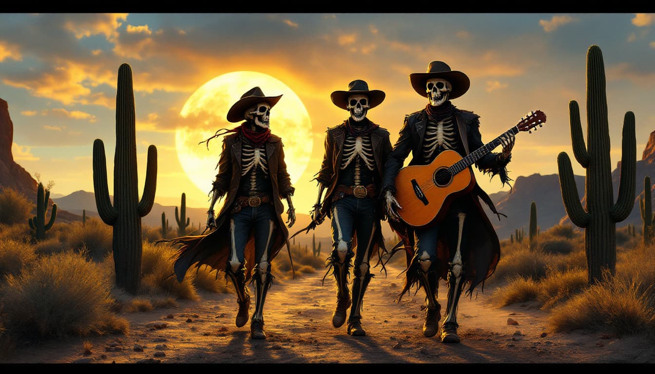 AI generated: Hola, quiero la siguiente imagen: Un hombre junto a dos calaveras caminando de espaldas en el desier...