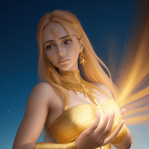 AI generated: Una mujer que emana energía con su campo aurico definido en color dorado oro rubí, con los brazos ex...