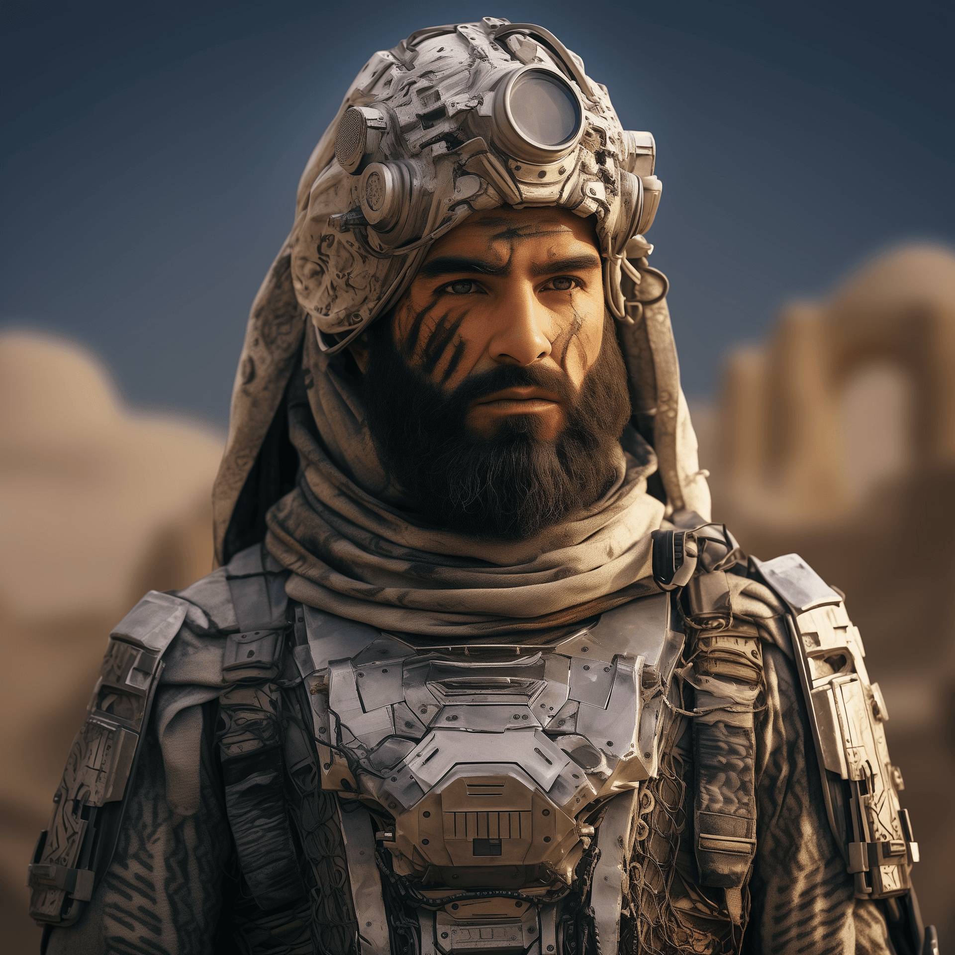AI generated: muslim shariat soldier, half cyborg, futuristic, high details, masterpiece, ultra realistic 4K