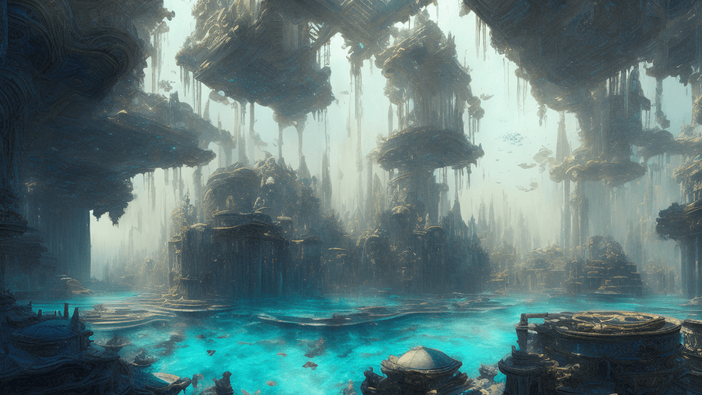 AI generated:  ((dreamy sunken mythical city of "Atlantis")) , photorealistic masterpiece Jeremy Mann, intricately...