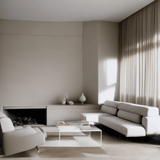AI generated: Photograph, contemporary living room, soft light of morning, integration of beige flooring and matte...