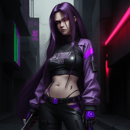 AI generated: High resolution, cyberpunk, female, holding sci-fi katana, long dark purple hair, streetwear, cybern...