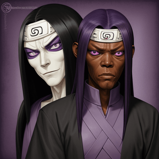 AI generated: Orochimaru from Naruto with the face of Samuel L. Jackson. Purple background