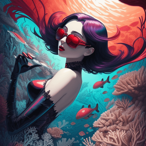 AI generated: the iridescent foil goth beautiful stunning  lady wearing red sunglasses, in the style of crisp draw...