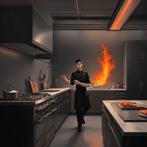 AI generated: ''fire'' the kitchen, ''burn'' the kitchen, dark, handsome chef, cartoon, ''cute'' stylish  represen...