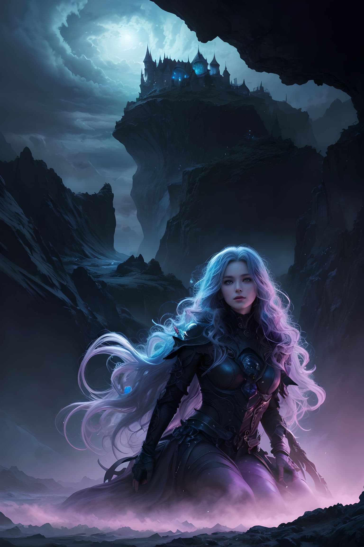 AI generated:  a woman sitting bewitchingly,blue eyes,wavy hair,epic scenery, otherworldly hues, surreal landscape...