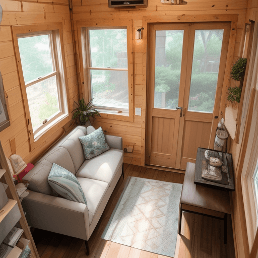 AI generated: High resolution photography, 19 feet by 19 feet square tiny home, adjacent 19 feet by 19 feet square...