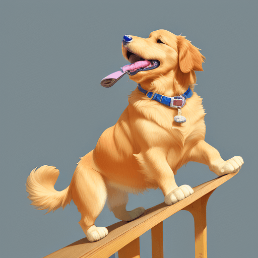 AI generated: golden retriever with a climbing shoe in his mouth preferably if the shoe was a blue colourway.carto...