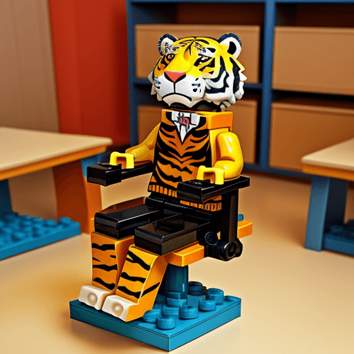 AI generated: a tiger sit on classroomchair all parts will be created by lego full body