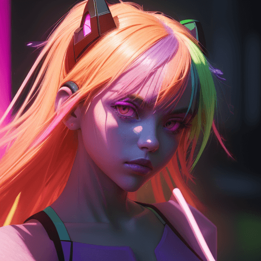 AI generated: a beautiful lightup purple girl is posing in front of her neon clothing, in the style of dark orange...