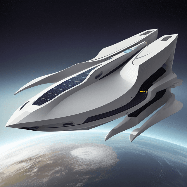 AI generated: A full view of an imaginative modern elongated spaceship with solar panels 