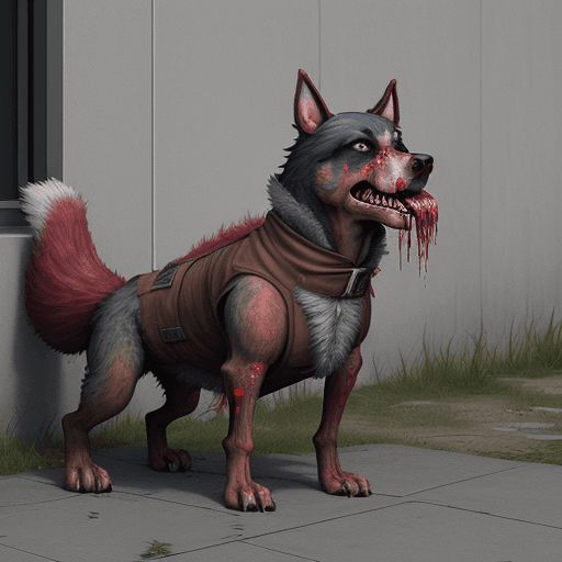 AI generated: the walling deal dog, A mutant zombie dog, foraging on the doomsday urban streets