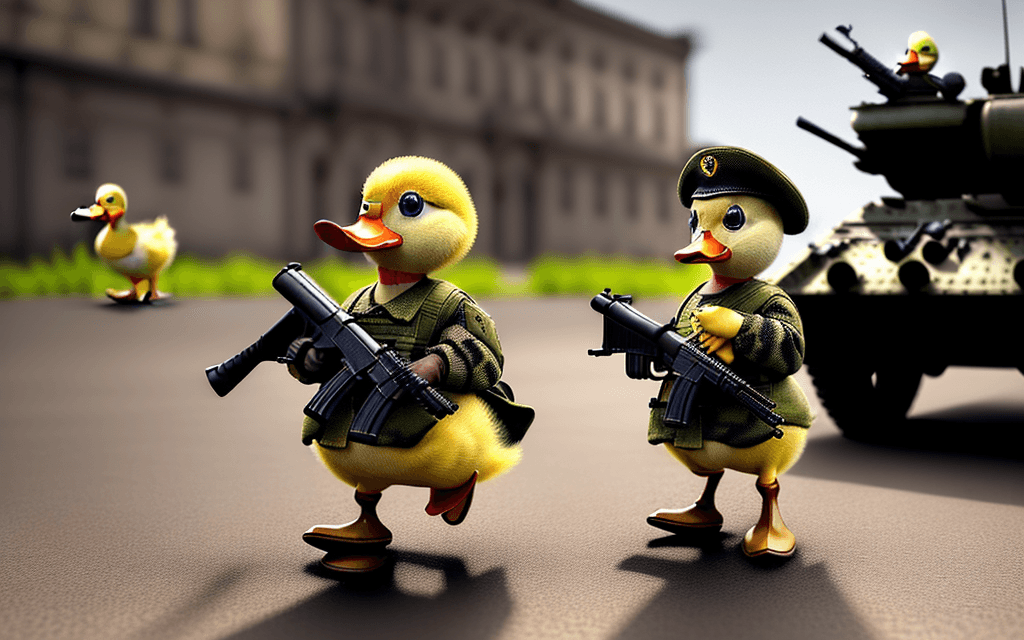 AI generated: Little ducklings holding guns in their hands and going to war. Realistic light and realistic ducklin...