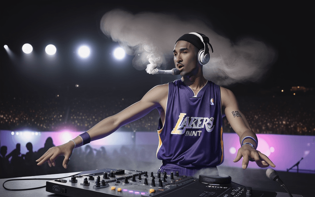 AI generated: music festival, DJ, Kobe Bryant, headphones ,holding a microphone, singing at a basketball court, co...