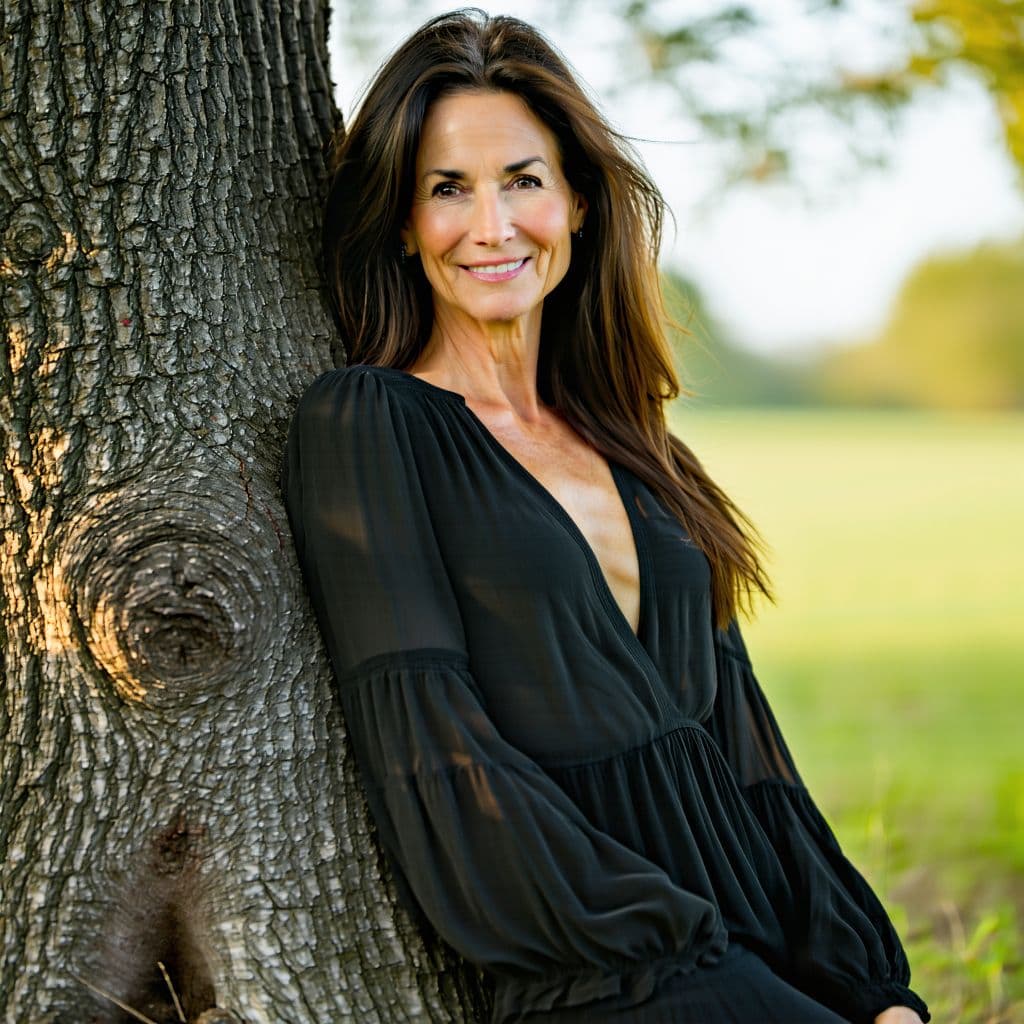 AI generated: HDR photo of woman, from the side, long tousled brunette hair, wearing a highly detailed long sleeve...