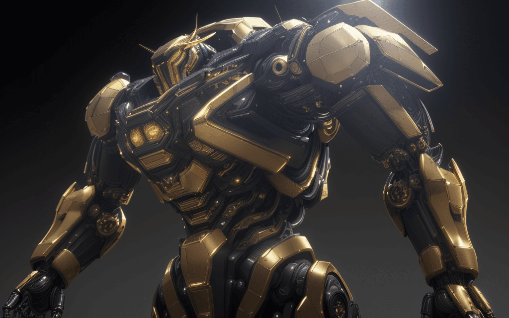 AI generated: 3D rendering of Black and gold mecha, intricate details, metallic, reflective,,Hyper Real,Photoreali...