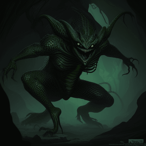 AI generated: Full body photo of a scary alien creature that looks like a lizard with venom coming out from its mo...