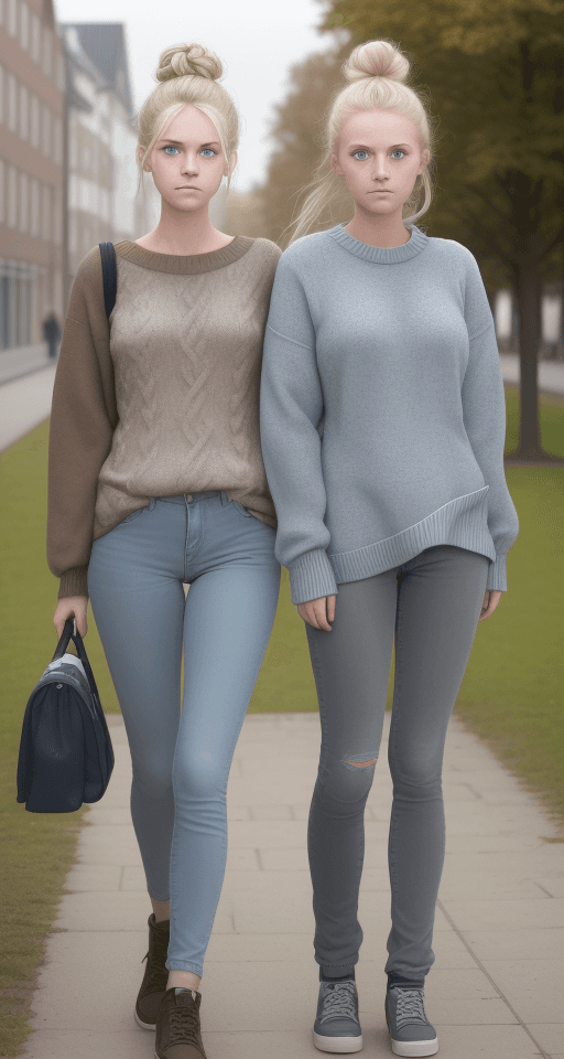AI generated: High-quality DSLR photo of two young Danish women, aged 20-22, standing on a university campus in De...