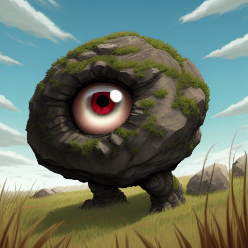 AI generated: living rock monster. one red eye. rock like lags. runing in a field of grass.