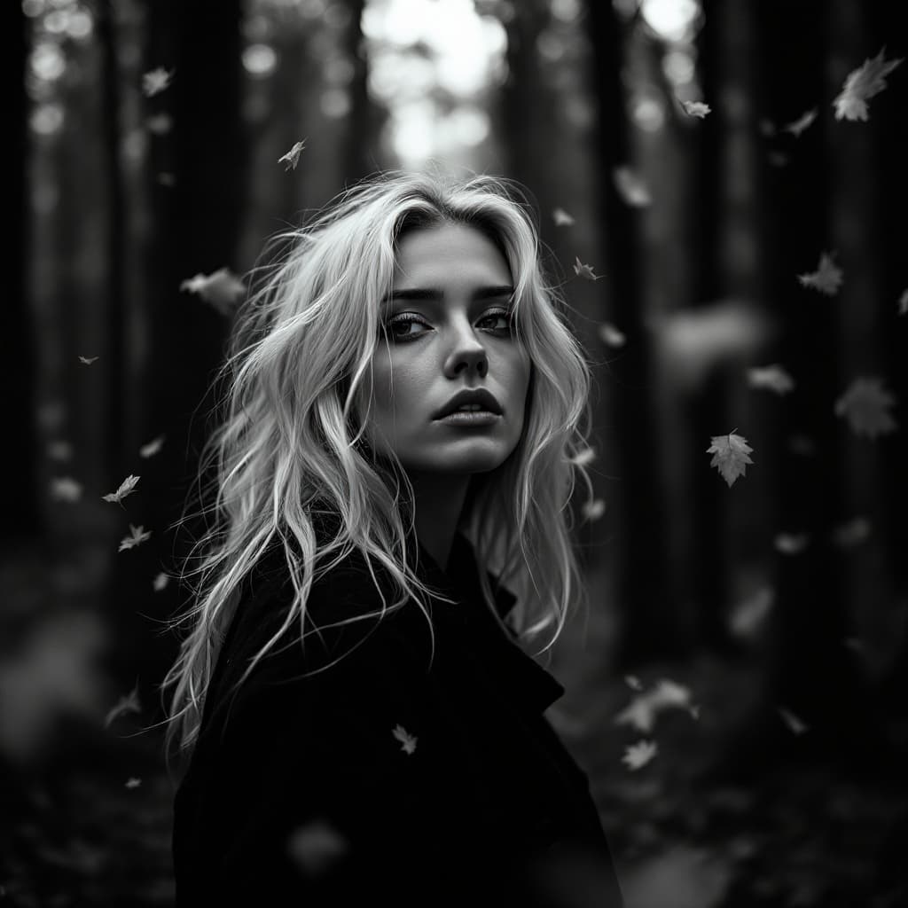 AI generated: photorealistic black and white, melancholy and loneliness, portrait of a beautiful blonde woman insi...