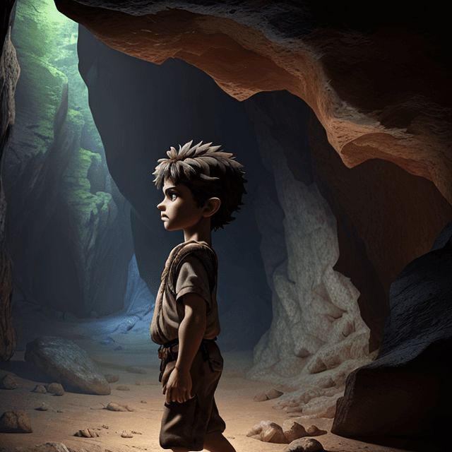 AI generated:  a young prehistoric boy walks in a cave, side view, 8k