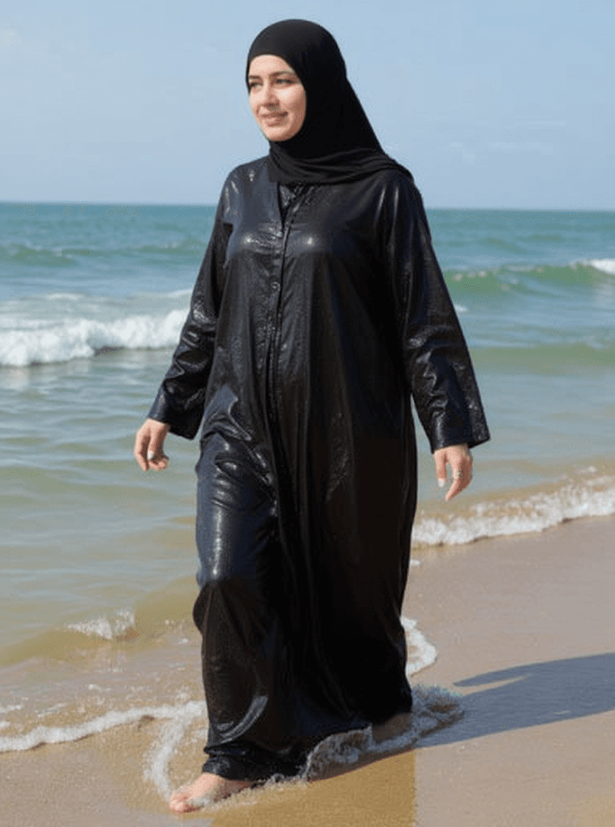 AI generated: A fully clothed Muslim woman wearing a black hijab and loose black abaya, modest Islamic swimwear st...