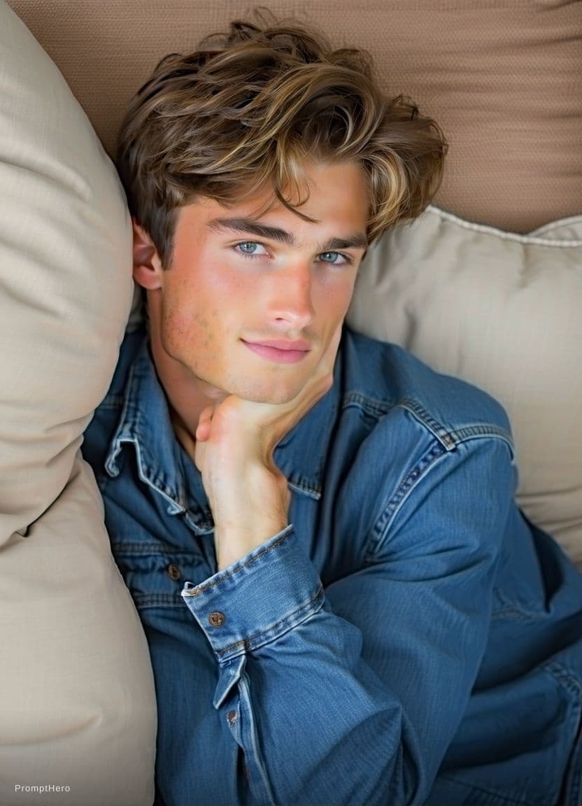AI generated: 1boy, posing (very submissive:1.4), lying on stomach, supporting head on hands, handsome face, seduc...