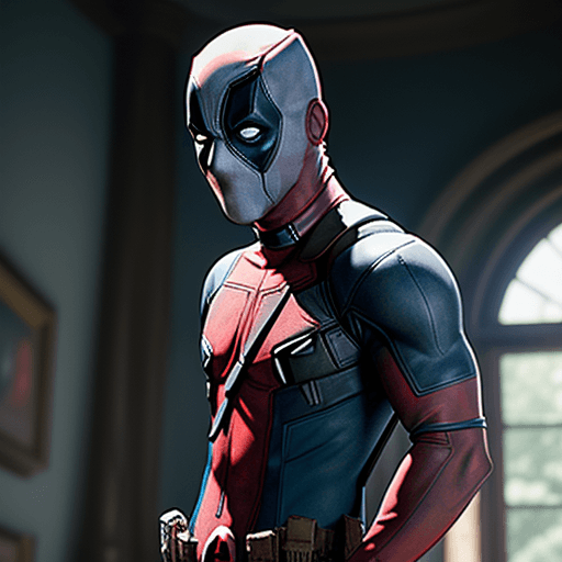 AI generated: deadpool cuerpo completo galante camisa blanca chaleco azul mirando al frente pose matona
