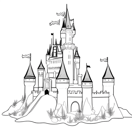 AI generated: coloring book page of castle, black and white, cute, white background