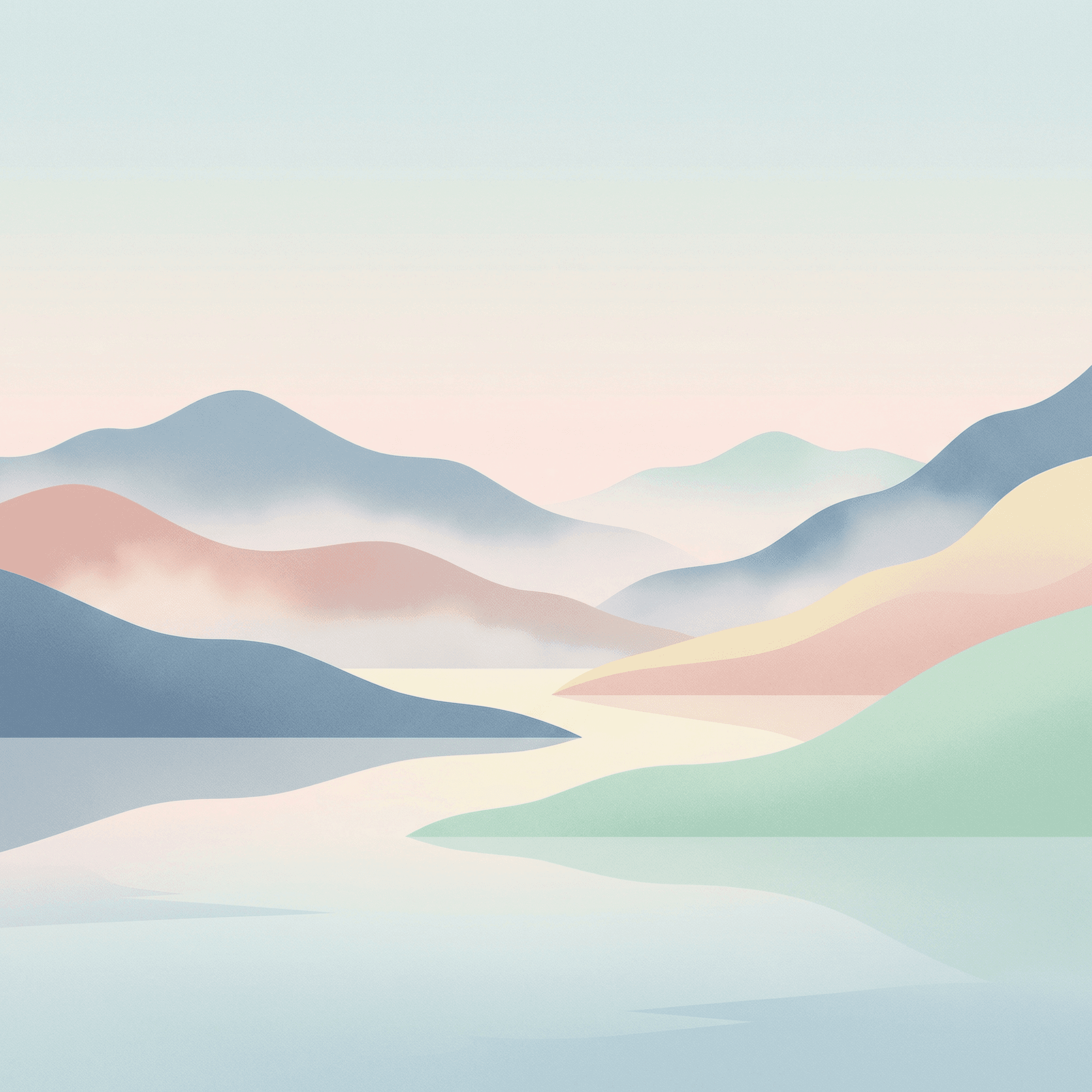 AI generated: minimalist mountain landscape, soft pastel colors, misty valleys, calm and peaceful
