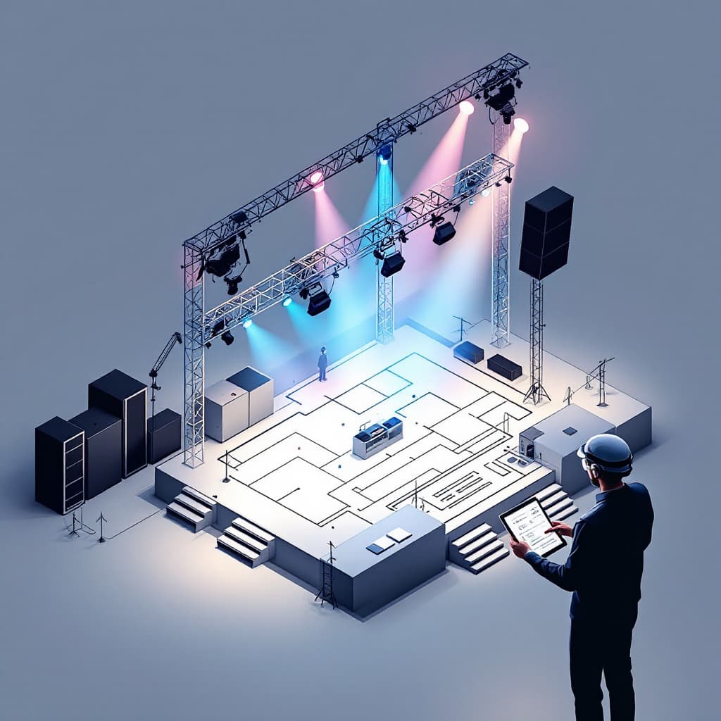 AI generated: Un plan technique de scène en 3D, avec structures alu (truss), projecteurs, et points d’accroche bie...