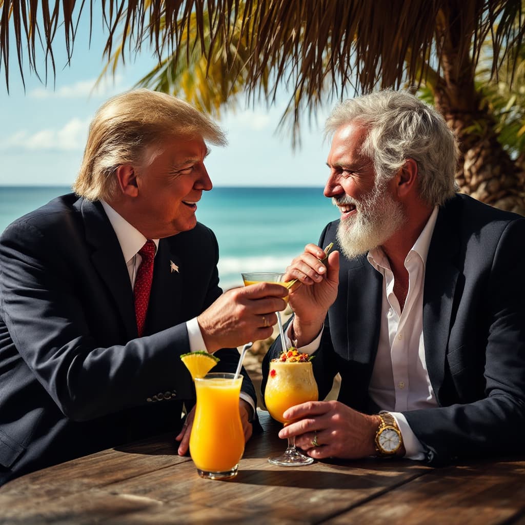 AI generated: Donald Trump and Jonas Gahr Støre in a loving meeting admiring each other while sipping on a pina co...