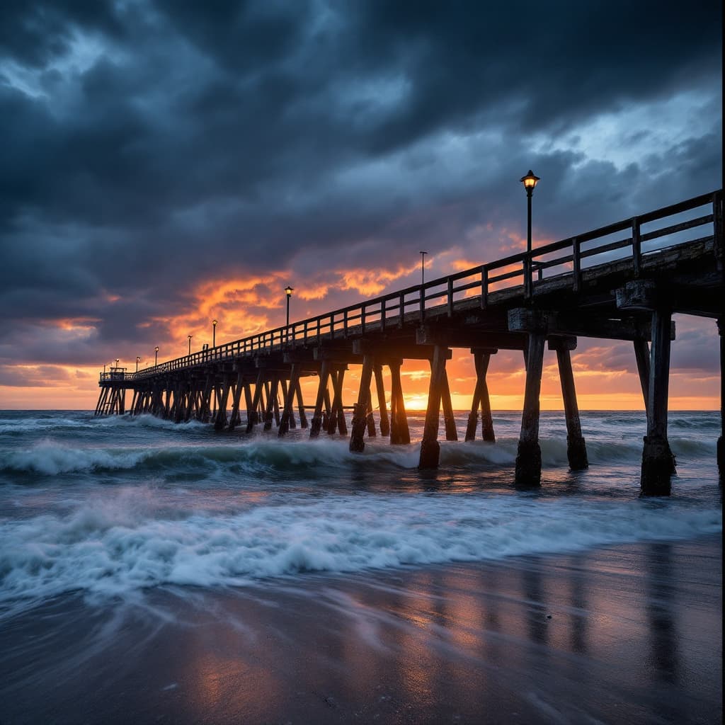 AI generated: Old pier, stormy day at sunset,cinematic,