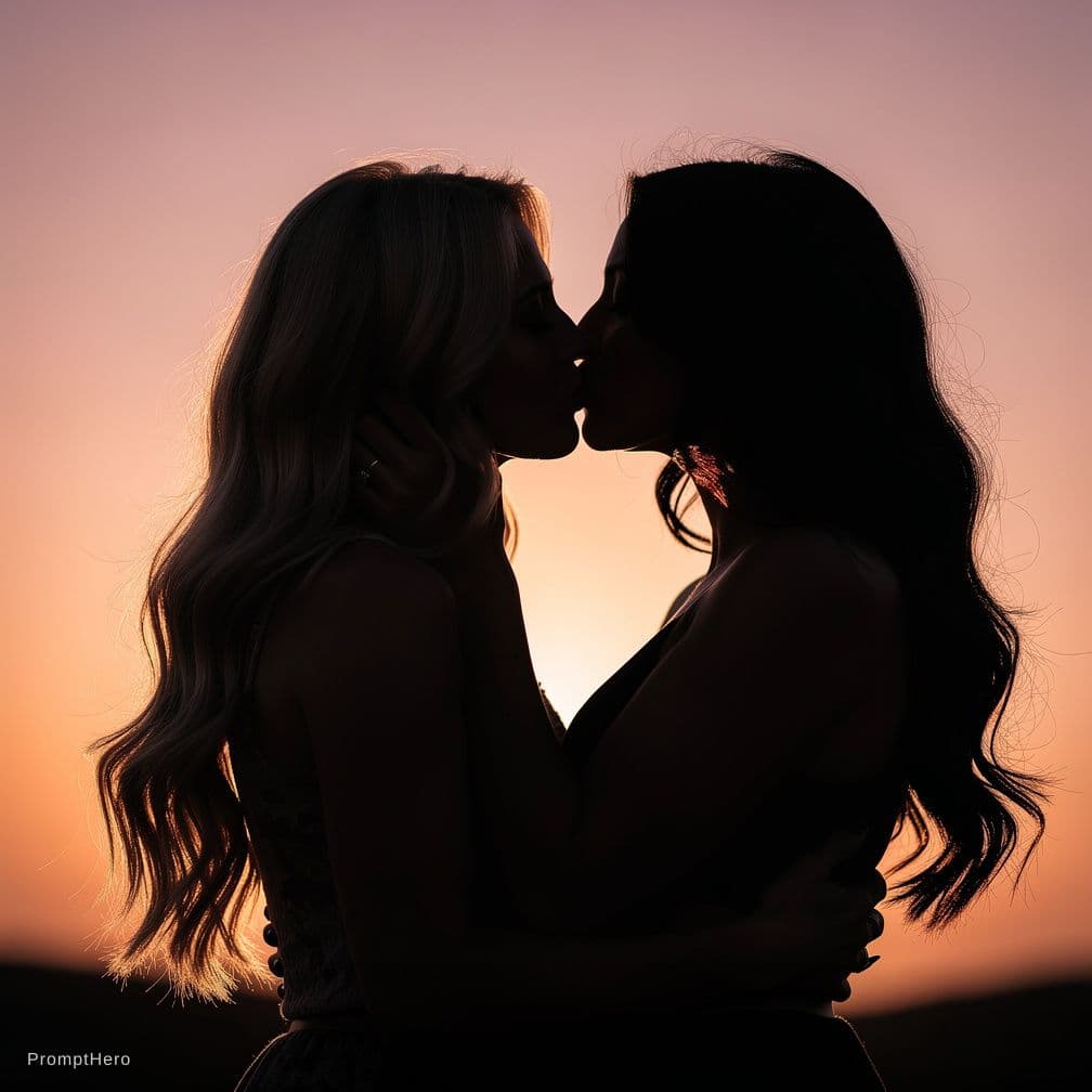 AI generated: nude blond woman hugged and kissed by black hair woman romantic