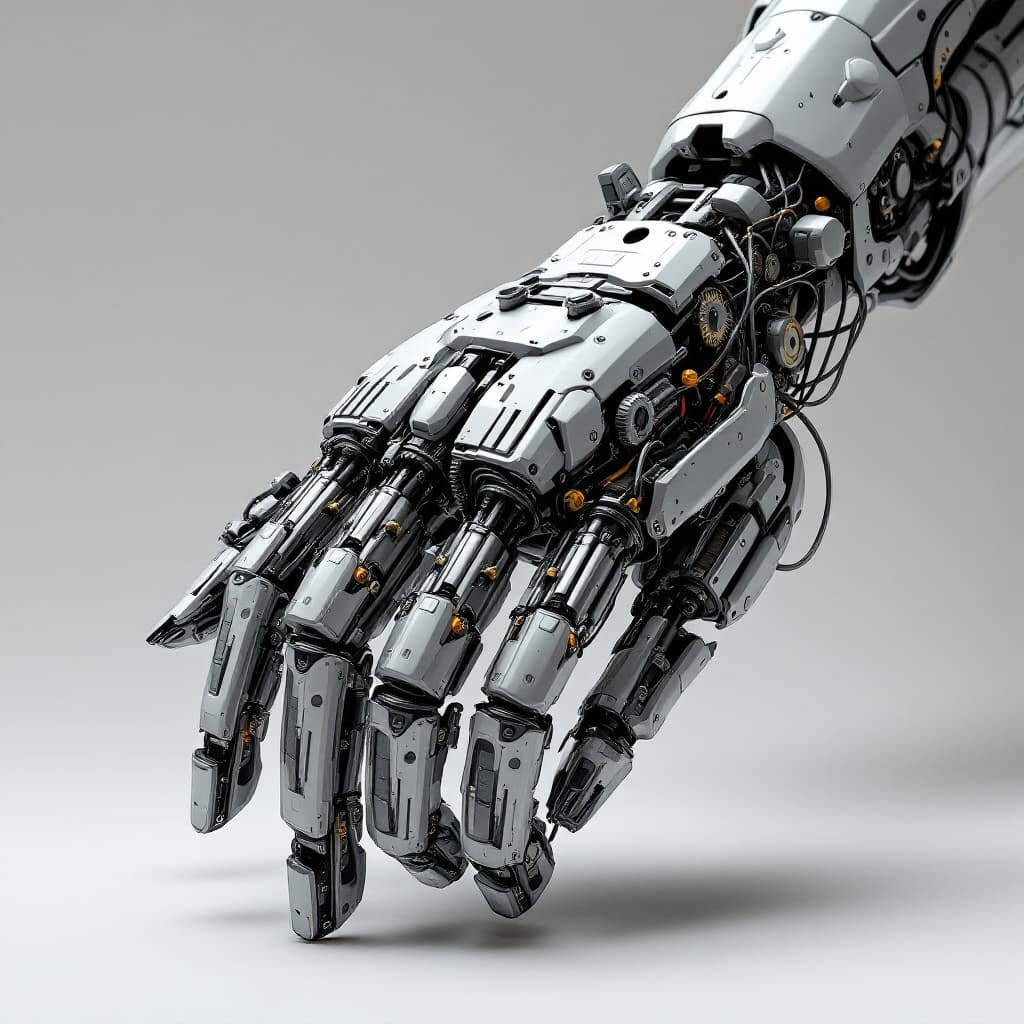 AI generated: An intricate mechanical hand with 4 fingers and a thumb designed with futuristic aesthetics, showcas...