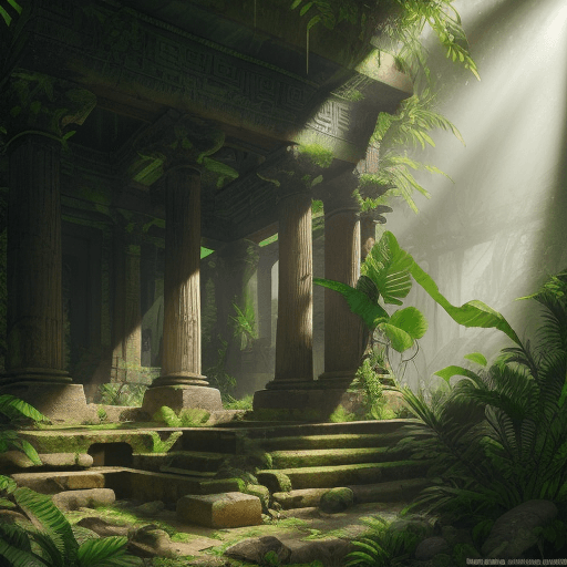 AI generated: ancient hidden temple found deep inside a lush rain forest| ancient greek ruins| rubble| gray dull b...