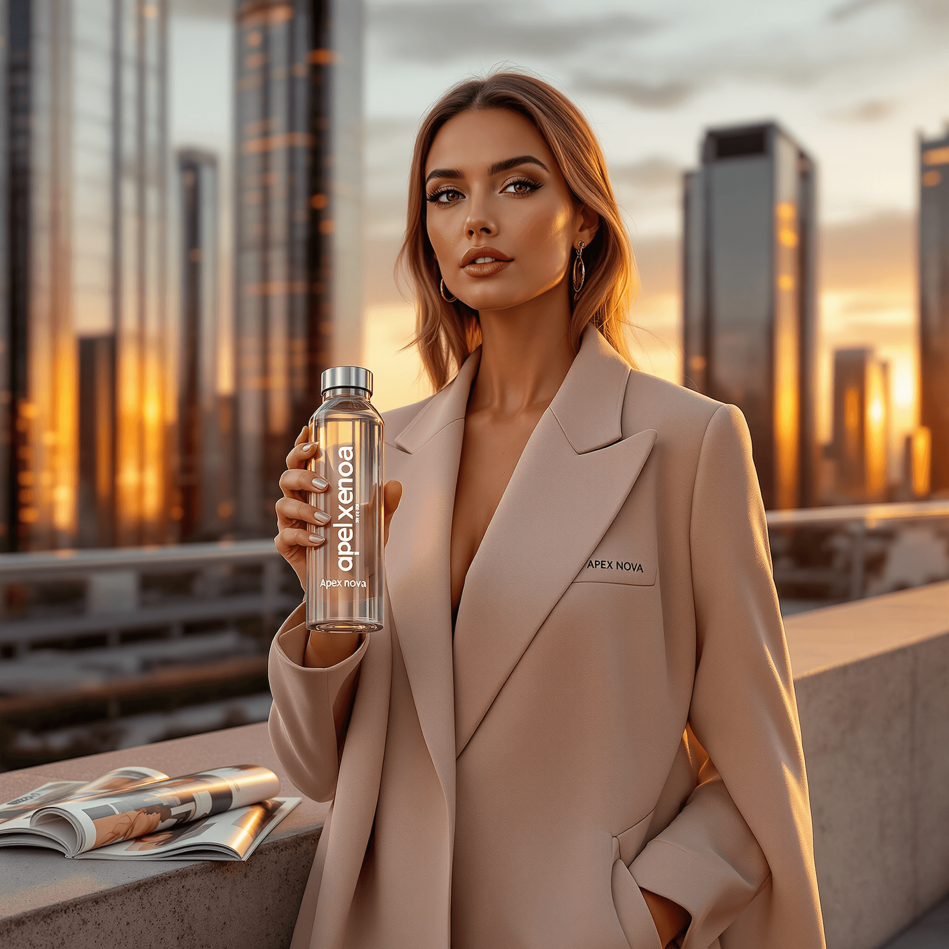 AI generated: "Generate a hyper-realistic image of a stunning woman standing against a modern urban backdrop with ...