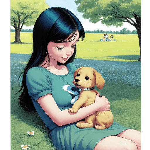 AI generated: On a vast field surrounded by blue sky and green trees, a cute puppy is lying in the arms of a young...