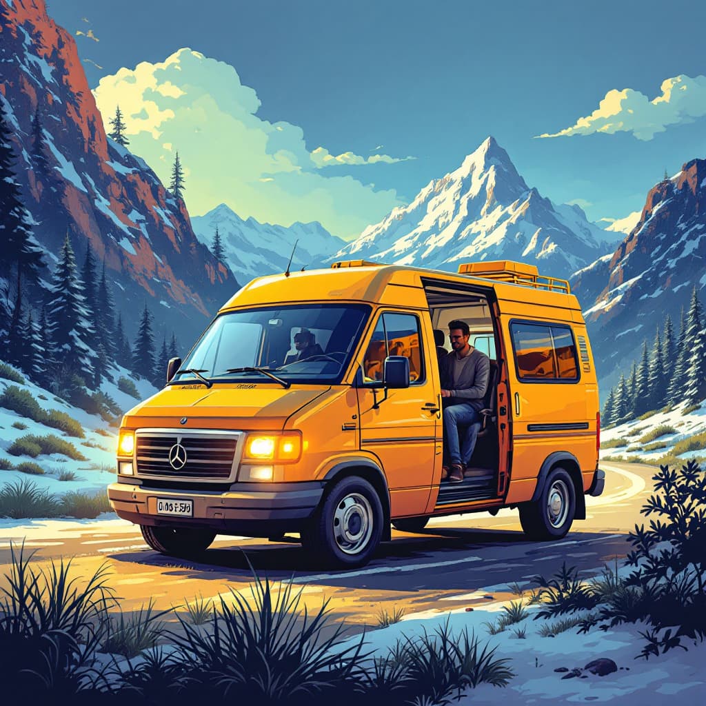 AI generated: one van passengers company transport and just one person neer by van