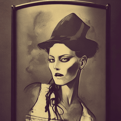 AI generated: Concept art of a beautiful female industrial 1900s gangster in the style of Ashley Wood Sam Weber, J...