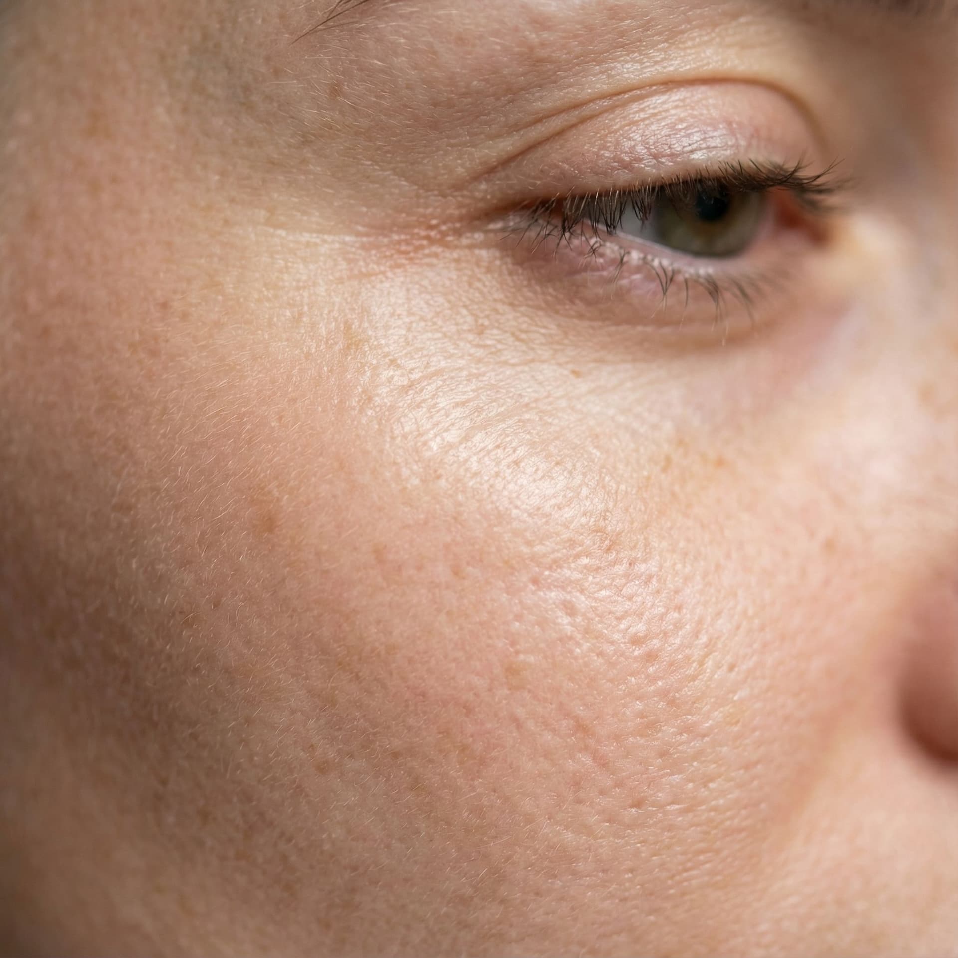 AI generated: an extreme macro shot of the upper cheek and eye area of a women’s face. visible pores, fine peach f...