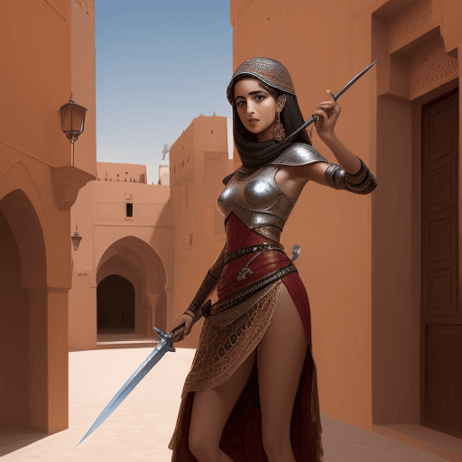 AI generated: the Moroccan girl brandishes a sword in the background,--ar 1:2 --stylize 750 -- v 6