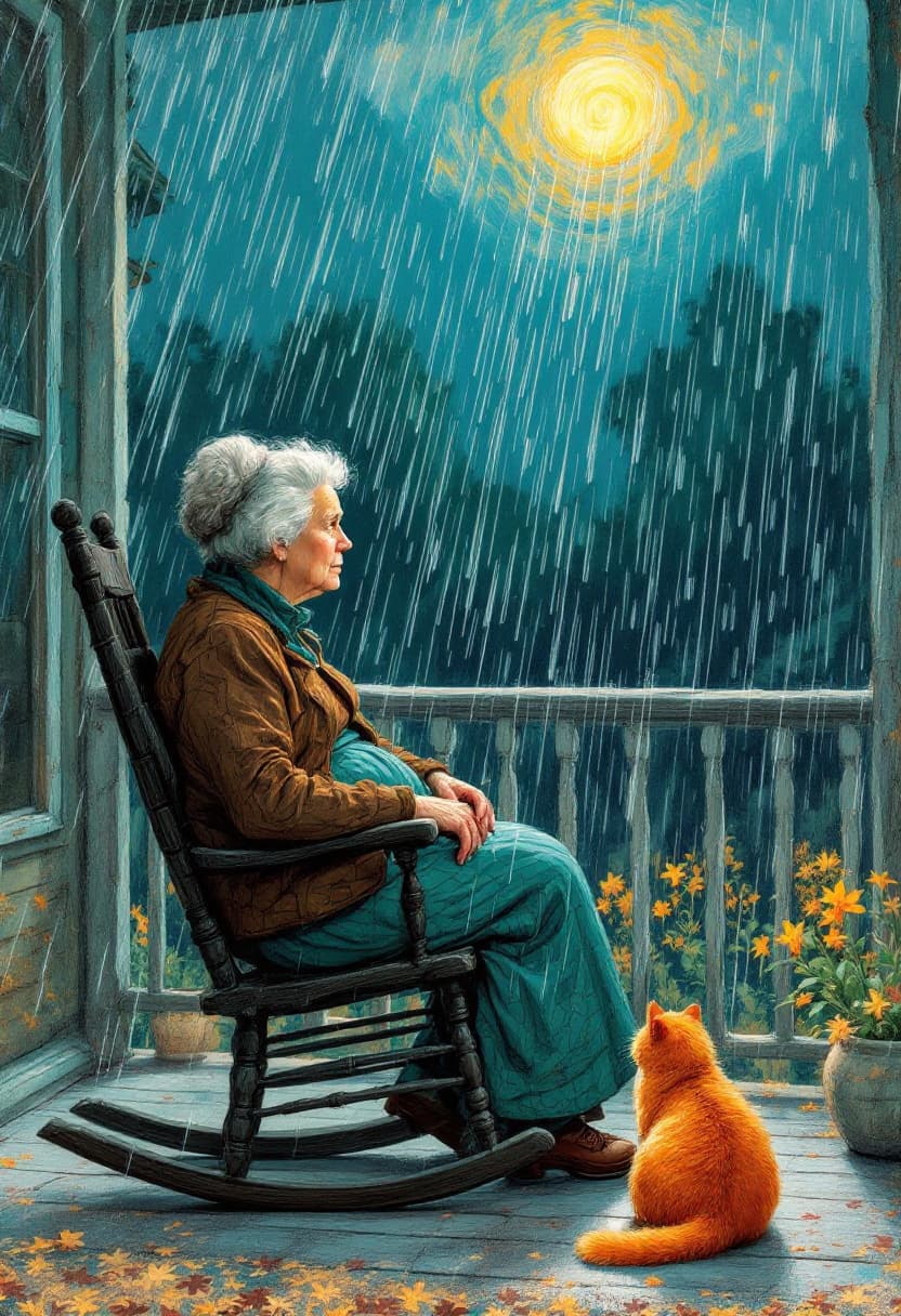 AI generated: Portrait of an old woman sitting in a rocking chair on her porch, looking at the heavy rain hitting ...