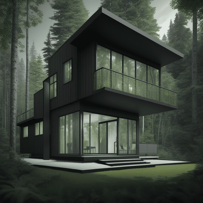 AI generated: render of a two-story house in the middle of the forest, super modern and minimalist house with dark...