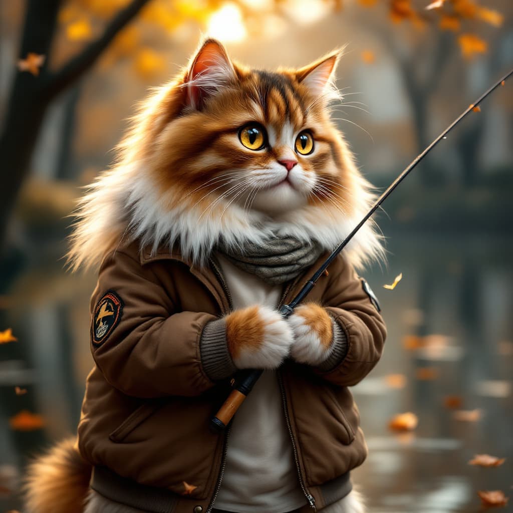 AI generated: A fluffy, long-haired cat with golden brown, white, and black fur, standing upright in an urban envi...