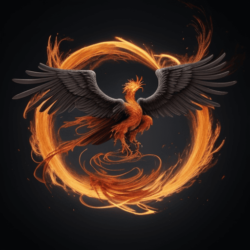 AI generated: phoenix rebirth from ash, making an infinite loop, with wings sending wind on ashes